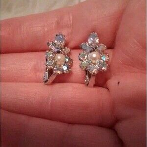 Vintage Sterling Silver Rhinestone Faux Pearl Clip-on Earrings